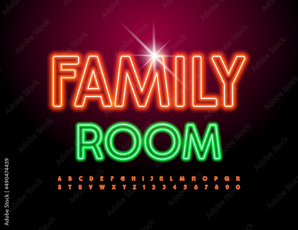 Vector Neon logo Family Room. Modern Glowing Font. Creative Alphabet Letters and Numbers set