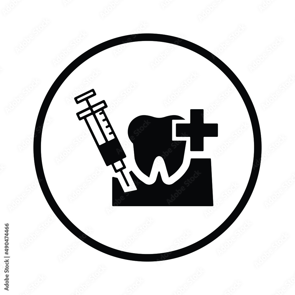 Dental care, tooth injection icon. Black vector graphics. Dental care, tooth injection icon. Black vector graphics.