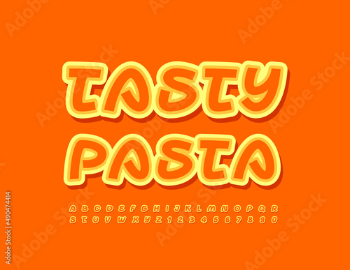 Vector creative sign Tasty Pasta. Creative sticker Font. Artistic style Alphabet Letters and Numbers set
