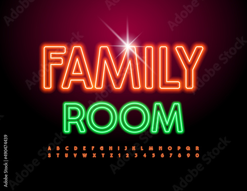 Vector Neon logo Family Room. Modern Glowing Font. Creative Alphabet Letters and Numbers set