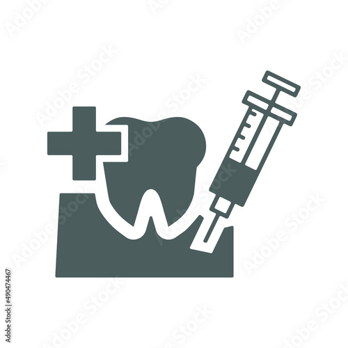 Dental care, tooth injection icon. Gray vector illustration.