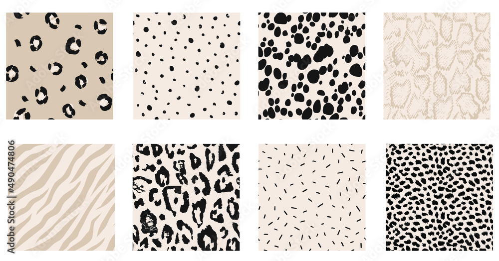 Set of monochrome black, beige and cream animal fur texture seamless patterns Set of monochrome black, beige and cream animal fur texture seamless patterns