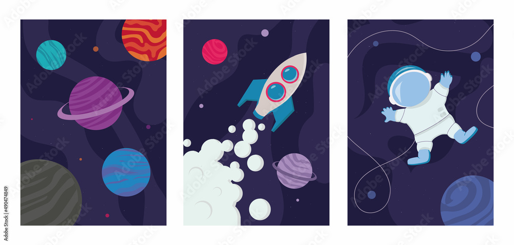 Set of four Space Exploration poster designs with rockets, spaceships, aliens, astronauts and the constellations with assorted text, colored vector illustration
