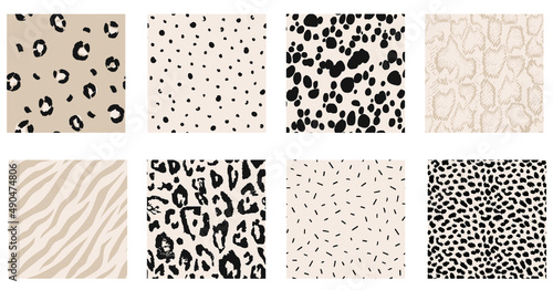 Set of monochrome black, beige and cream animal fur texture seamless patterns © Natalie