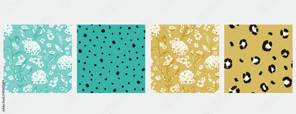 Set of teal and mustard yellow floral and animal texture seamless patterns
. Set of teal and mustard yellow floral and animal texture seamless patterns
.