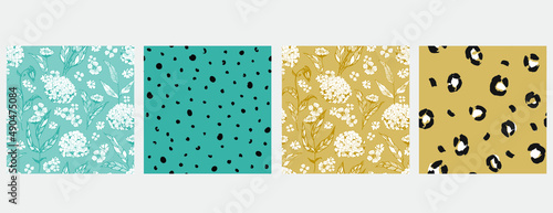  Set of teal and mustard yellow floral and animal texture seamless patterns .