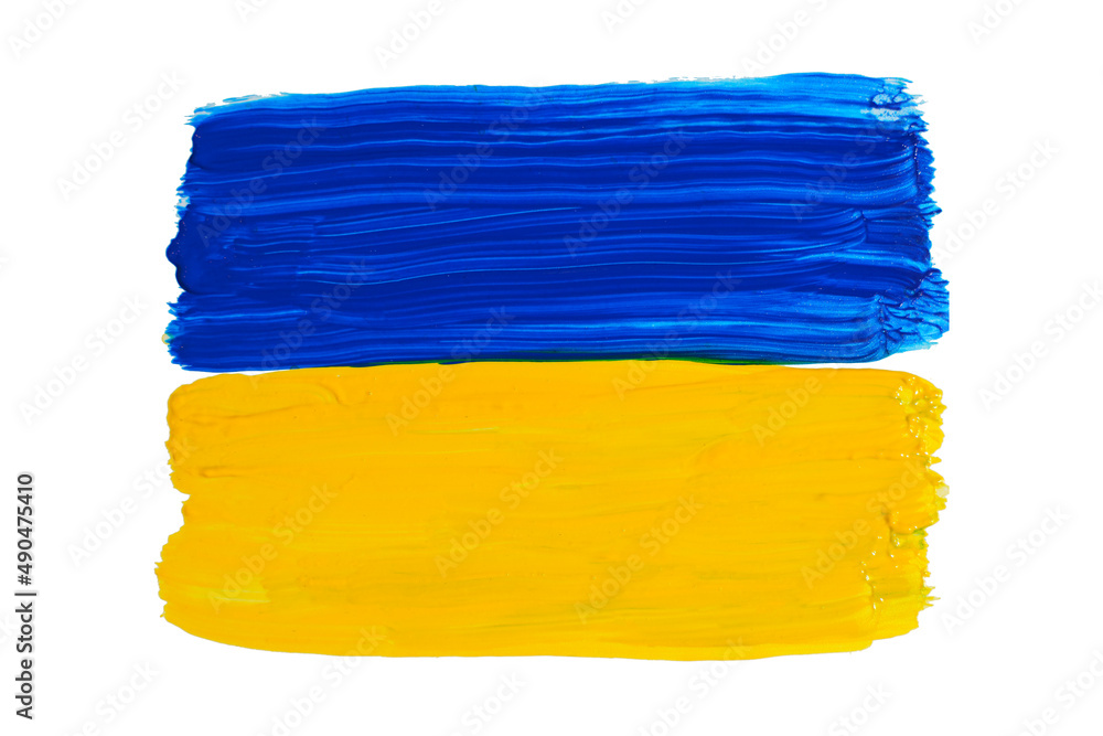 Obraz premium Ukrainian flag painted with paint on a clean white background isolate. Peace to Ukraine, stop war concept.
