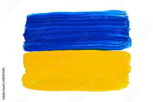 Ukrainian flag painted with paint on a clean white background isolate. Peace to Ukraine  stop war concept.