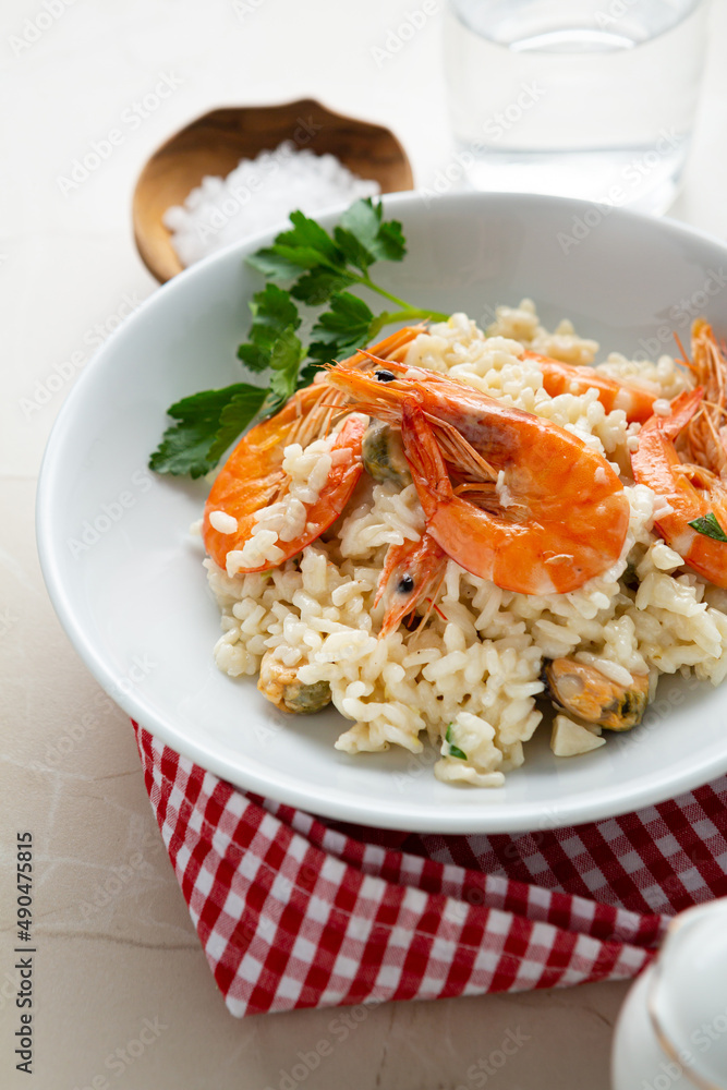 Rice with prawns in white plate food Rice with prawns in white plate food
