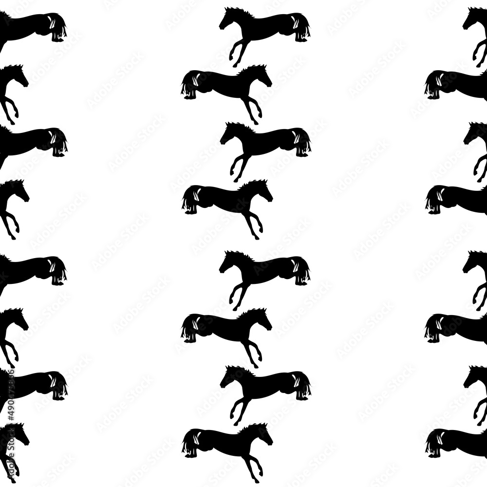 black and white vector pattern with silhouettes of horses. The theme of farm animals and equestrian sports