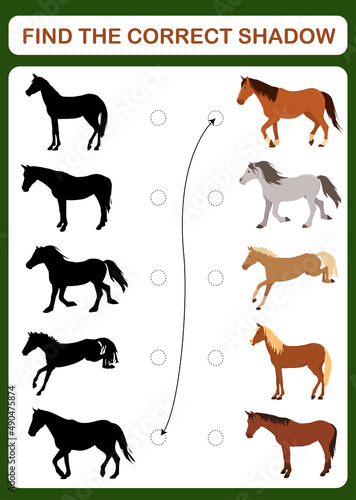 A children's educational game with horses called "find the correct shadow". Vector illustration