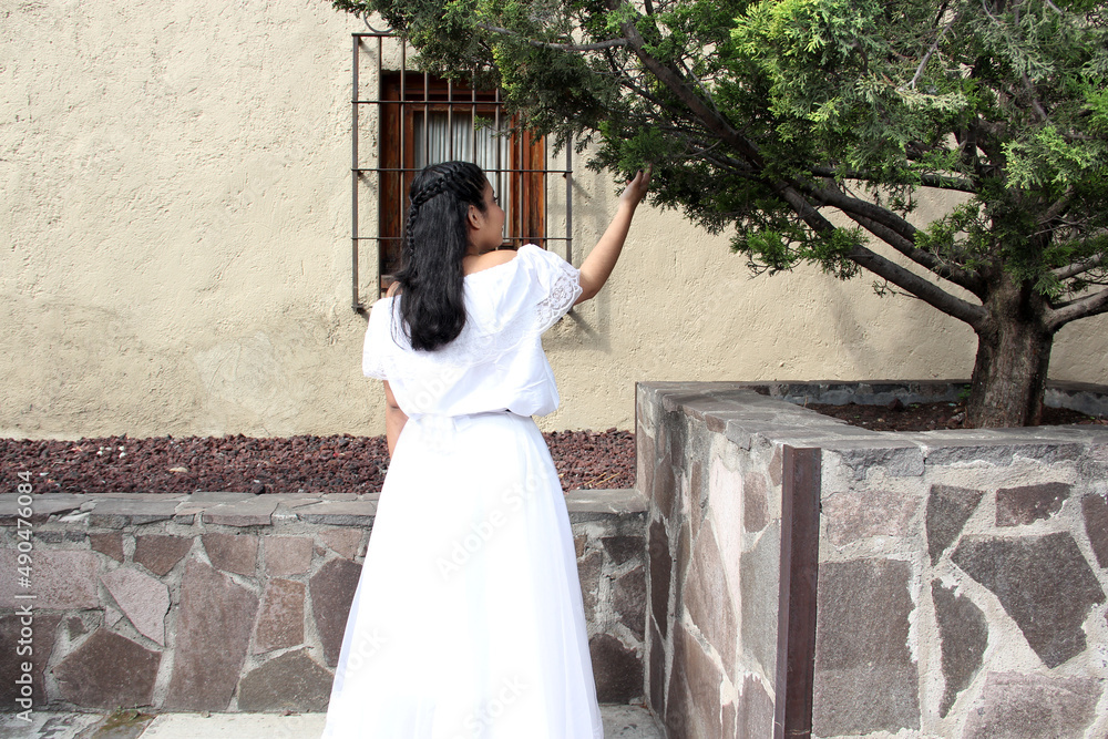 Young teenage woman from Veracruz wears a white dress with a black embroidered apron ready to dance proud of her culture and tradition with a stone wall and tree

