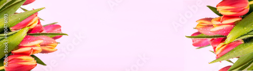 Spring flowers. Banner-a bouquet of pink and yelloy tulips on a white background. Congratulations on International Women's Day, March 8, birthday, mother's Day. Copy space. Mock up. Soft focus. photo