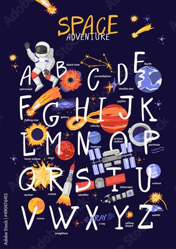 Cosmic alphabet with letters and symbols of space isolated on white. Poster with an astronaut, space station, a satellite, planets, stars, constellations for wall decor. Cartoon vector illustration