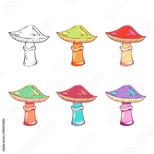 Hand drawn mushrooms. Vector illustration collection of colorful raw fungus isolated on white background. Fantasy, toxic mushrooms