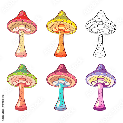 Hand drawn mushrooms. Vector illustration collection of colorful raw fungus isolated on white background. Fantasy, toxic mushrooms
