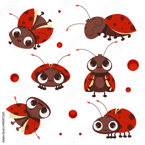 The character is a ladybug. A set of vector illustrations in cartoon style.