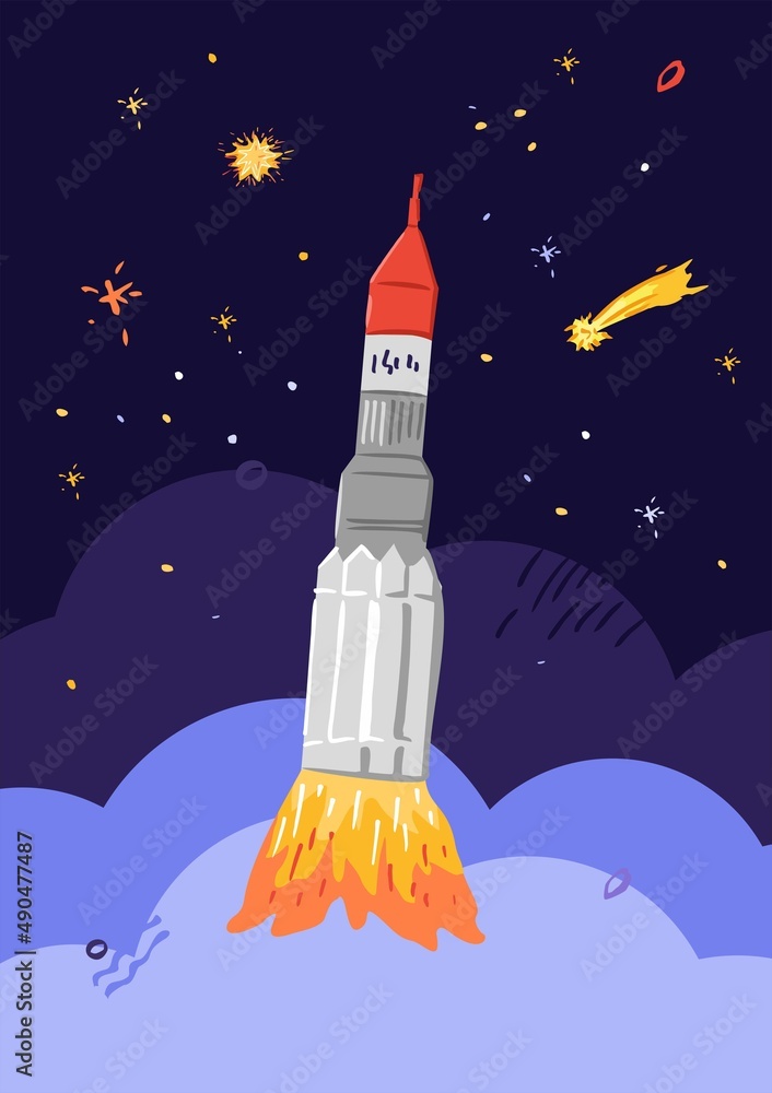 Rocket launches into space in a cloud of gases, fire against the background of the cosmic sky. Banner concept about space flights, study of planets, stars, universes. Cartoon vector illustration Rocket launches into space in a cloud of gases, fire against the background of the cosmic sky. Banner concept about space flights, study of planets, stars, universes. Cartoon vector illustration