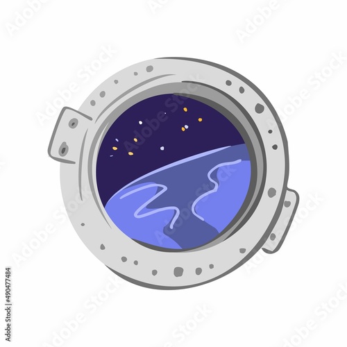 Round porthole with a view of the planet Earth is isolated on white. An element of a space rocket. Space with stars. Space adventure. Cartoon cute Vector illustration