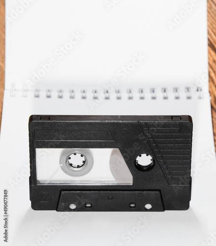 Audio cassette. Retro music medium  compact cassette tape recorder.