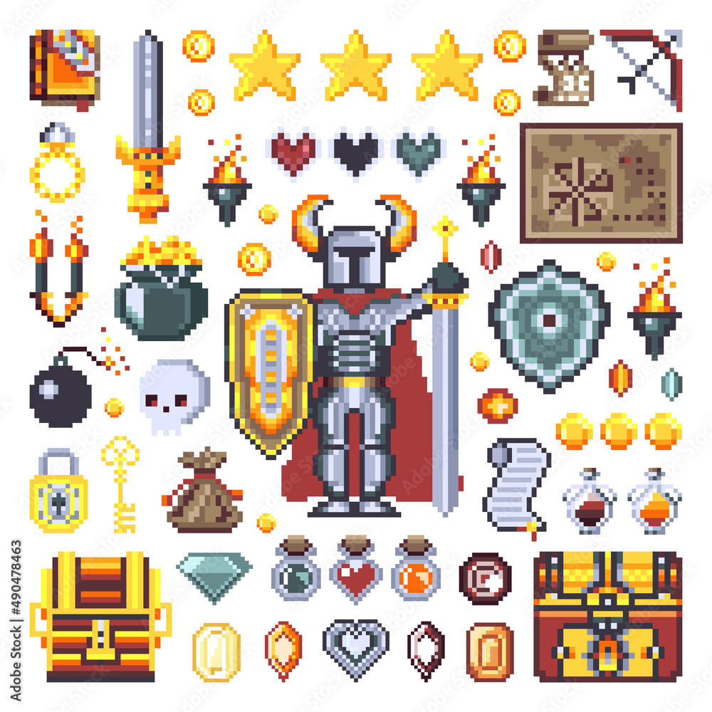 Pixel Art Medieval Knight Game Elements Векторный объект Stock | Adobe Stock