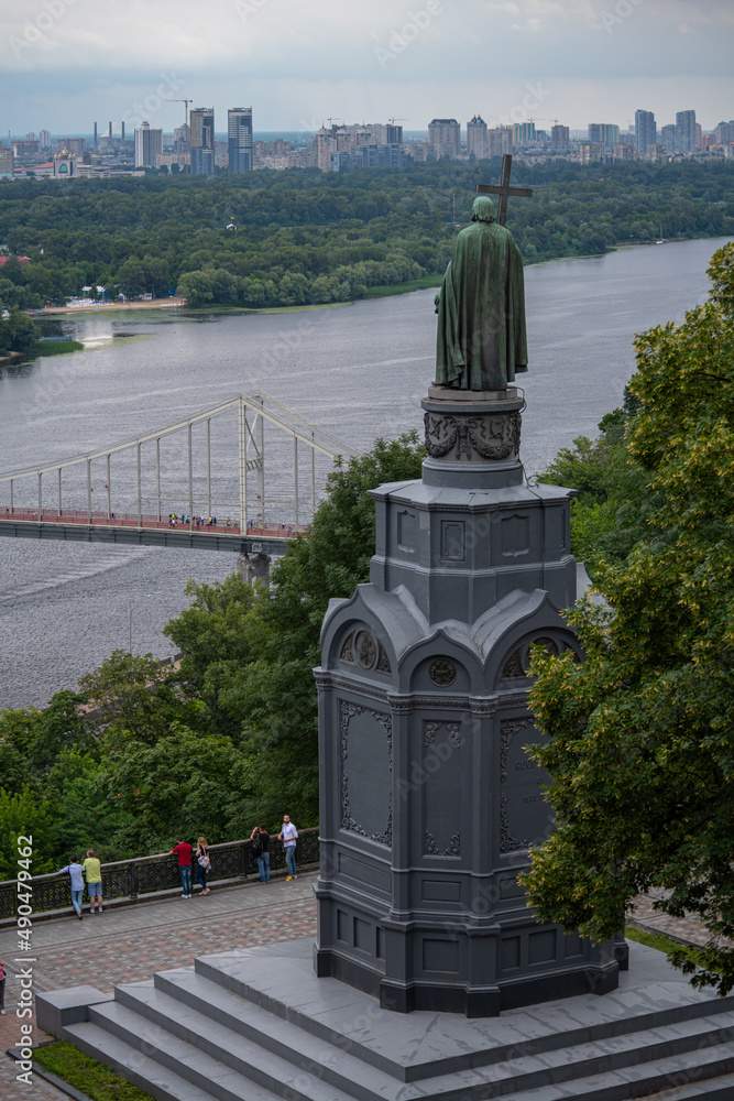 Statue of Volodymyr the Great and view of the left bank of the Dnieper River in peaceful Kyiv, Ukraine. No russian war and invasion in independence