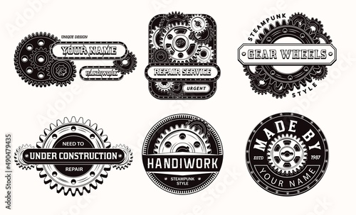 Set of monochrome vintage label with gear wheels, metal rails, rivets, text. Black emblems in steampunk style on white background. Good for craft design.