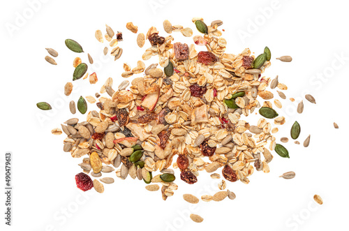 Oatflakes with Nuts, seeds and dried fruits isolated on white background. Granola Flat lay. Top view. photo