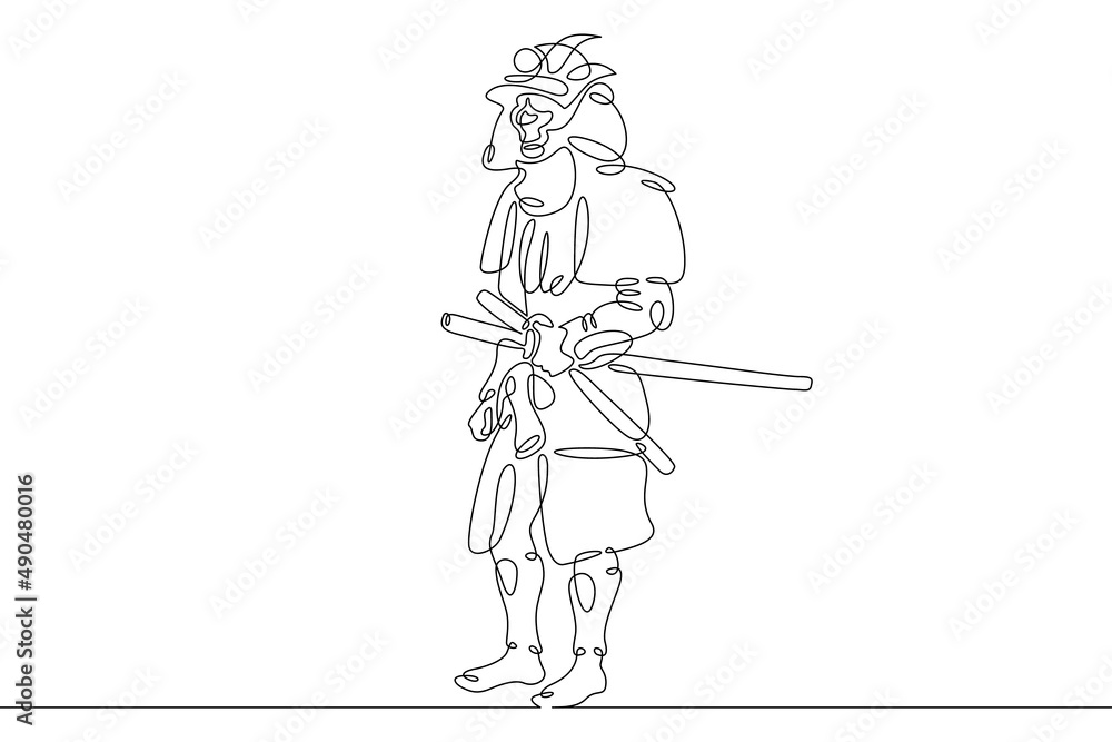 One continuous line.Japanese samurai warrior in historical costume. Asian military national costume. Samurai in battle dress.Continuous line drawing.Line Art isolated white background.