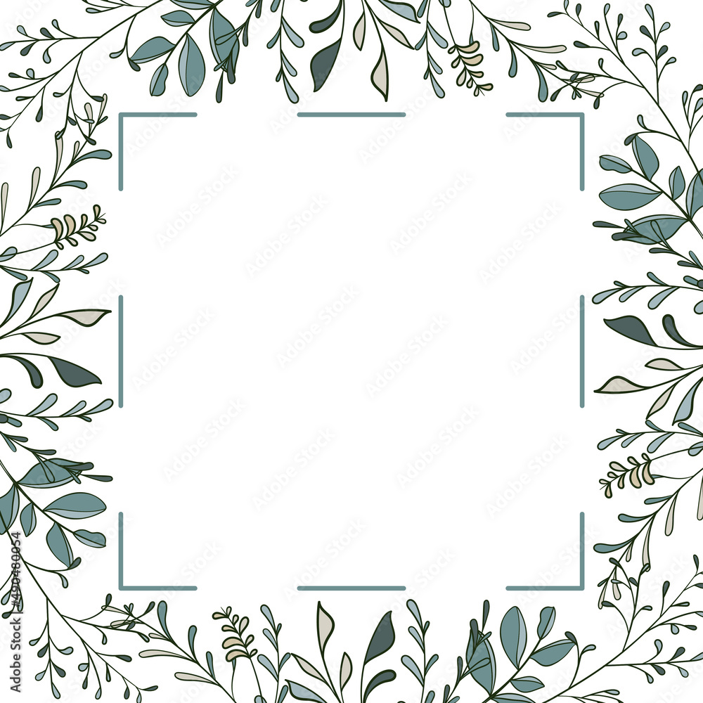 Botanical frame with stylized leaves and branches, herbs. Hand-drawn template use for decoration wedding invitations and greeting postcards, for design florist shop, posters. Botanical frame with stylized leaves and branches, herbs. Hand-drawn template use for decoration wedding invitations and greeting postcards, for design florist shop, posters.