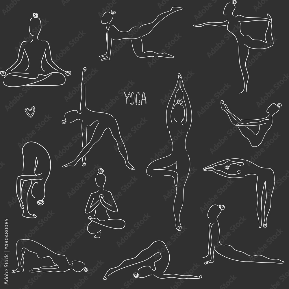Vector seamless pattern in line art style of woman doing yoga. Set of ...