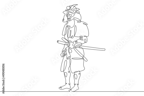 One continuous line.Japanese samurai warrior in historical costume. Asian military national costume. Samurai in battle dress.Continuous line drawing.Line Art isolated white background.