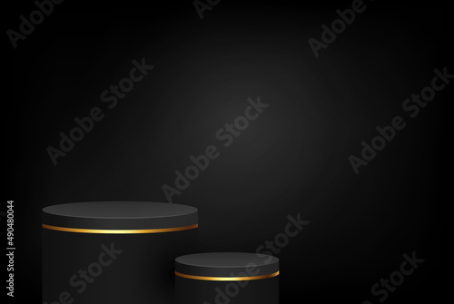 Black cylindrical podium for product presentation. Stage podium on the background of the wall. Gold border podium, minimal stage. Vector illustration.