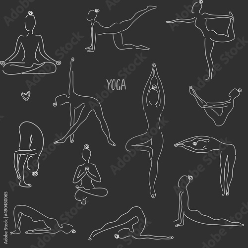 Vector seamless pattern in line art style of woman doing yoga. Set of yoga poses. Dark background. Pattern for yoga studio, textile. Girl in a yoga pose