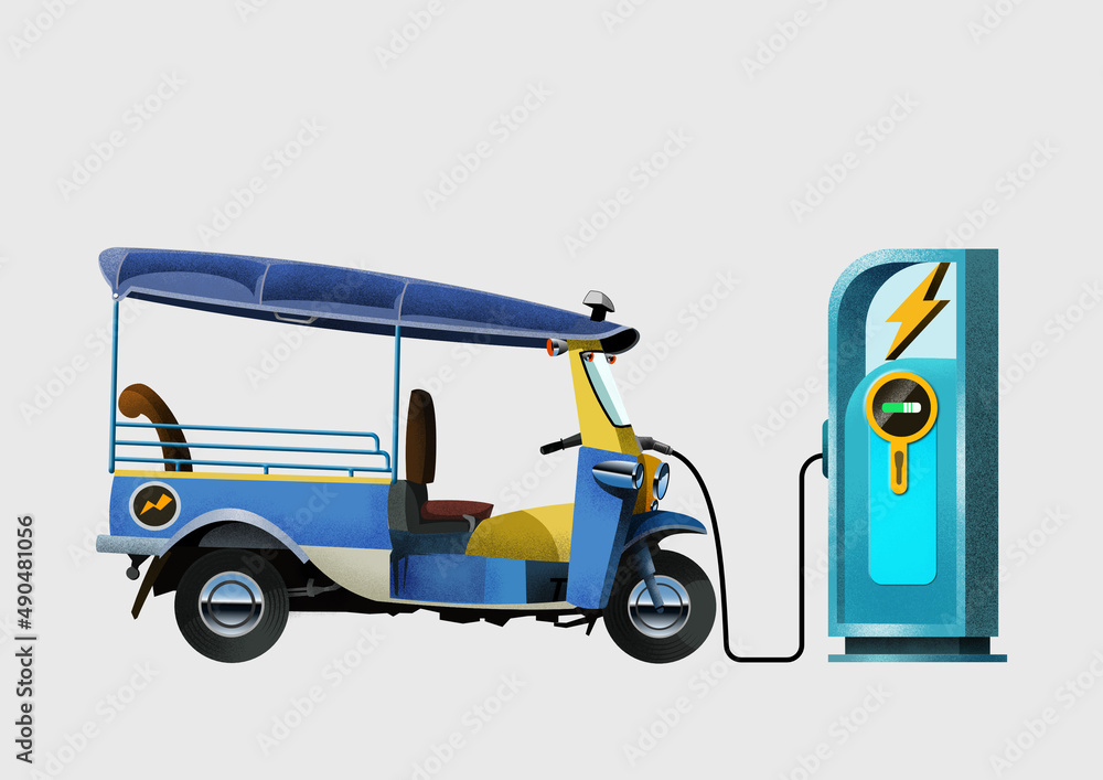 ภาพประกอบสต็อก Electric Tuk Tuk Car Charging at an EV car sharing