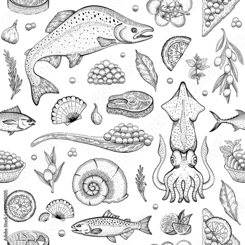 Seafood fish vector background. Sea food sketch pattern. Salmon, squid, shellfish, calamari, caviar, seashell seamless drawing. Grill menu illustration. Vintage drawn restaurant dish. Seafood pattern