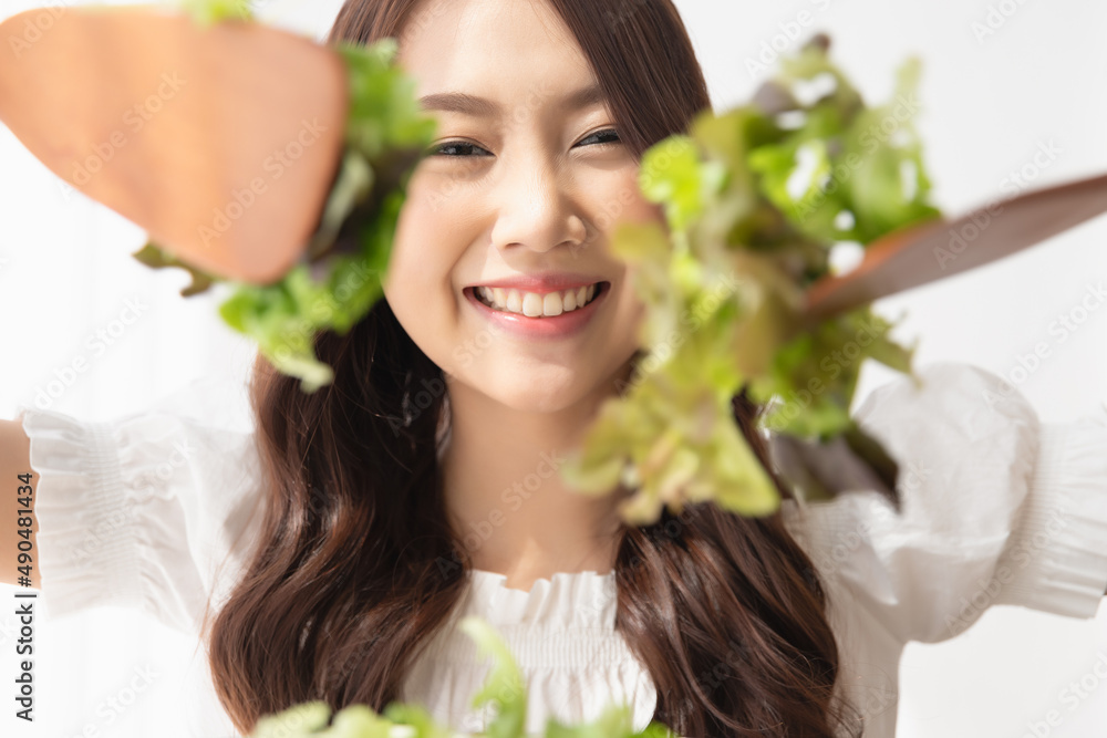 Healthy lifestyle, Close up beautiful young asian woman cooking salad smiling happy. Healthy eating, Food and lifestyle, Health, Beauty, Dieting concept. Healthy lifestyle, Close up beautiful young asian woman cooking salad smiling happy. Healthy eating, Food and lifestyle, Health, Beauty, Dieting concept.