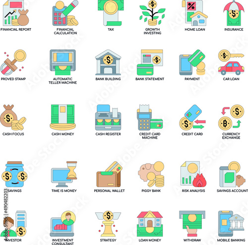Banking color flat vector icon collection set