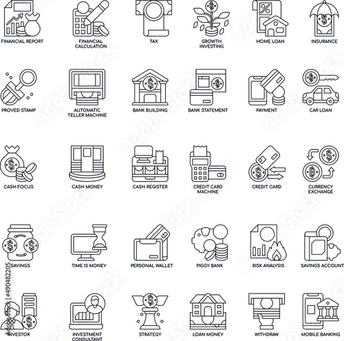 Banking outline flat vector icon collection set