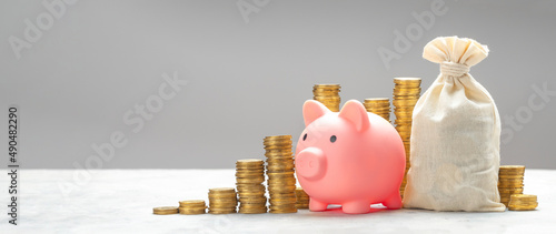 Piggy bank and a bag of money with gold coins on a gray background. Template Copy space for text. mock-up