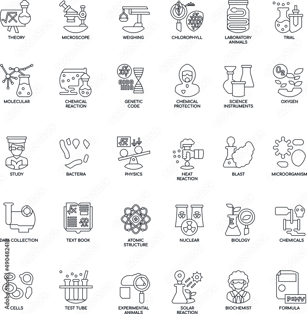 Biochemistry outline flat vector icon collection set
