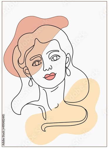 Abstract poster with minimal woman face. One line drawing style. Continuous line art in elegant style for prints, tattoos, posters, textile. Beautiful women face Vector illustration