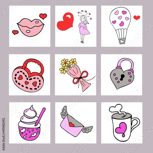 Doodles cute elements.  Illustration with cute girl, cup with heart,  letter,  lips, bouquet of flowers, ice cream, bag with heart. Design for prints and cards. Valentine's day theme poster.