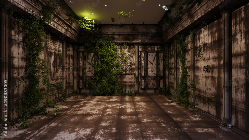 background of dirty abandoned apocalypse classic room with vines plant,3D illustration rendering