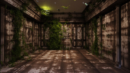 Wandcirkels Oude verlaten gebouwen Apocalyptische kamer met klimplanten  © moxumbic