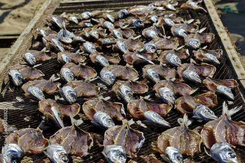 Many sun-dried flatfish on racks on the beach in Nazaré, Portugal