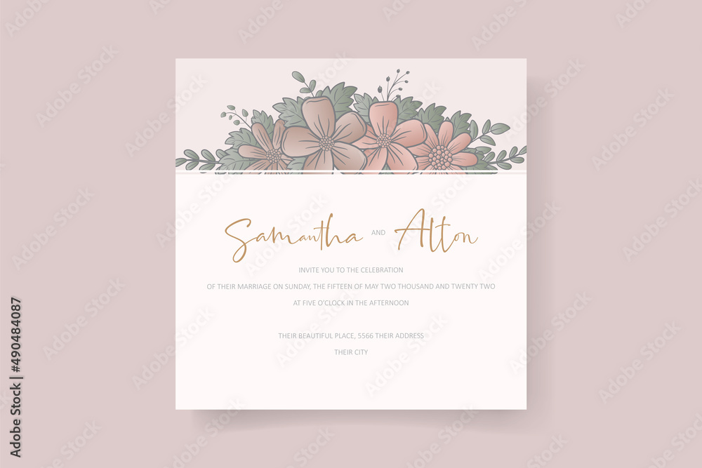 Wedding invitation template with gradient color floral outline
