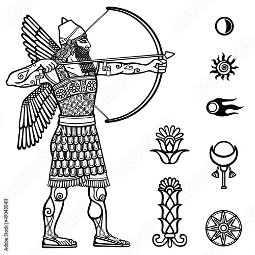 Image of the ancient archer. Full growth. Black and white drawing based on motives of Sumerian art, isolated on a white background. Space symbols. Vector illustration.