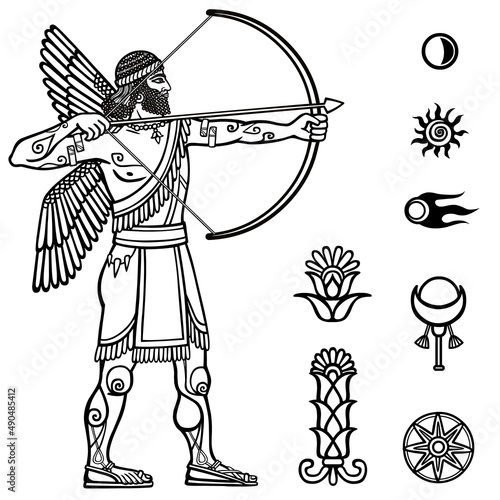 Image of the ancient archer. Full growth. Black and white drawing based on motives of Sumerian art, isolated on a white background. Space symbols. Vector illustration.