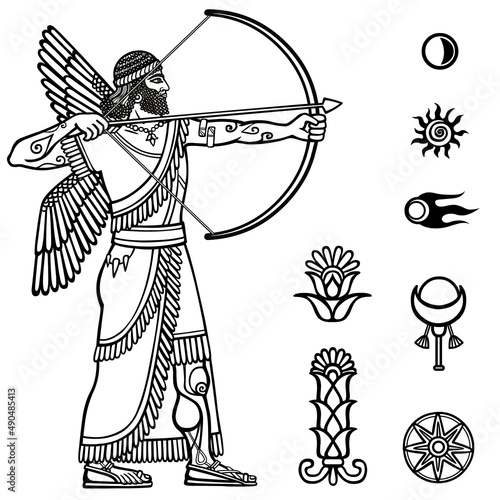 Image of the ancient archer. Full growth. Black and white drawing based on motives of Sumerian art, isolated on a white background. Space symbols. Vector illustration.